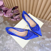 JIMMY CHOO 26S FLATS IN DARK BLUE LACE AND SATIN