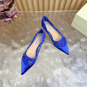 JIMMY CHOO 26S FLATS IN DARK BLUE LACE AND SATIN