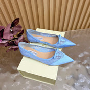 JIMMY CHOO 26S FLATS IN SKY BLUE LACE AND SATIN