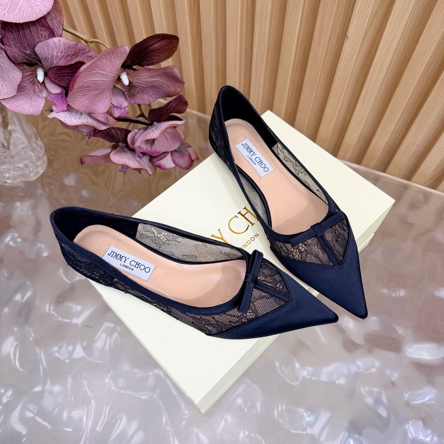 JIMMY CHOO 26S FLATS IN BLACK LACE AND SATIN