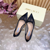 JIMMY CHOO 26S FLATS IN BLACK LACE AND SATIN