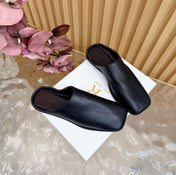 THE ROW 26S SQUARE TOE MULE FLATS IN BLACK CALFSKIN
