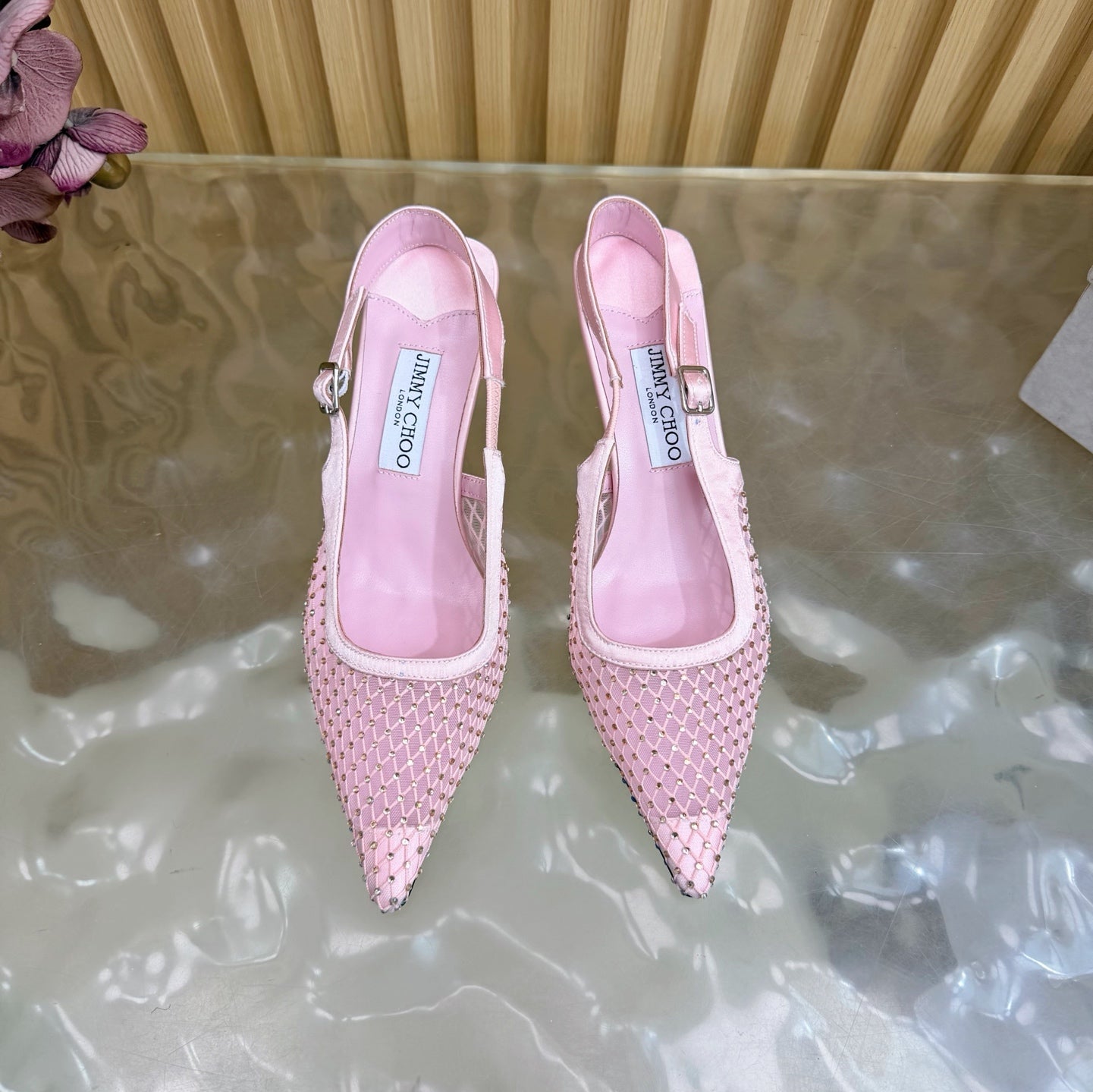 JIMMY CHOO 26S SLINGBACK HEELS 60 MM IN LIGHT PINK MESH & CRYSTALS