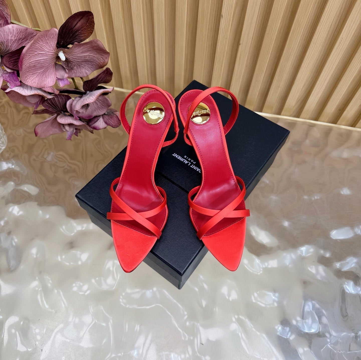 YSL 26S HIGH-HEELED SANDALS 90 MM IN RED SATIN