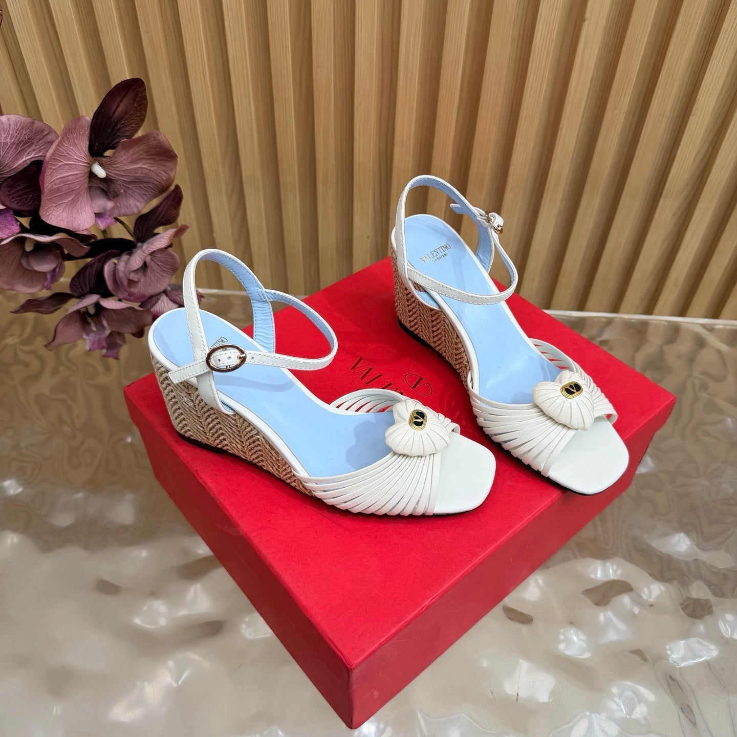 VALENTINO 26S WEDGE SANDAL 85 MM IN WHITE CALFSKIN