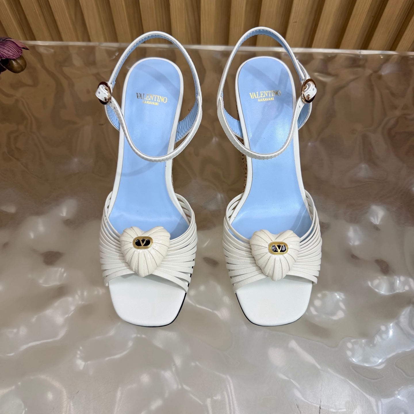 VALENTINO 26S WEDGE SANDAL 85 MM IN WHITE CALFSKIN