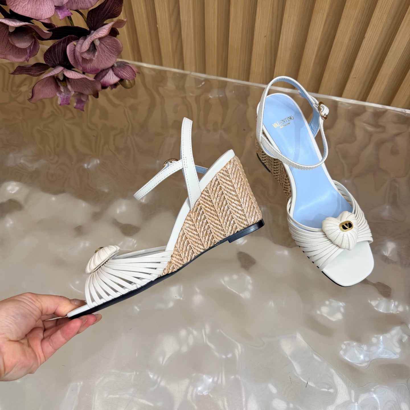 VALENTINO 26S WEDGE SANDAL 85 MM IN WHITE CALFSKIN