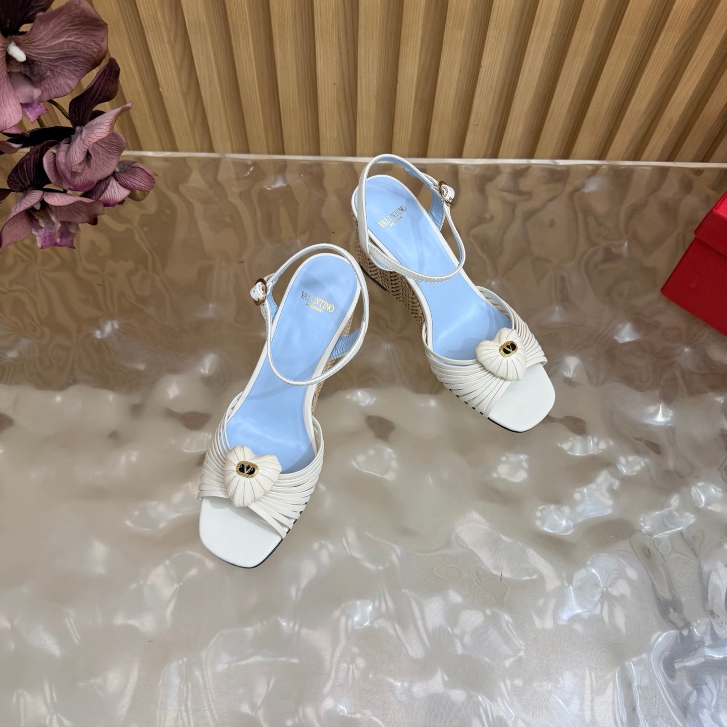 VALENTINO 26S WEDGE SANDAL 85 MM IN WHITE CALFSKIN