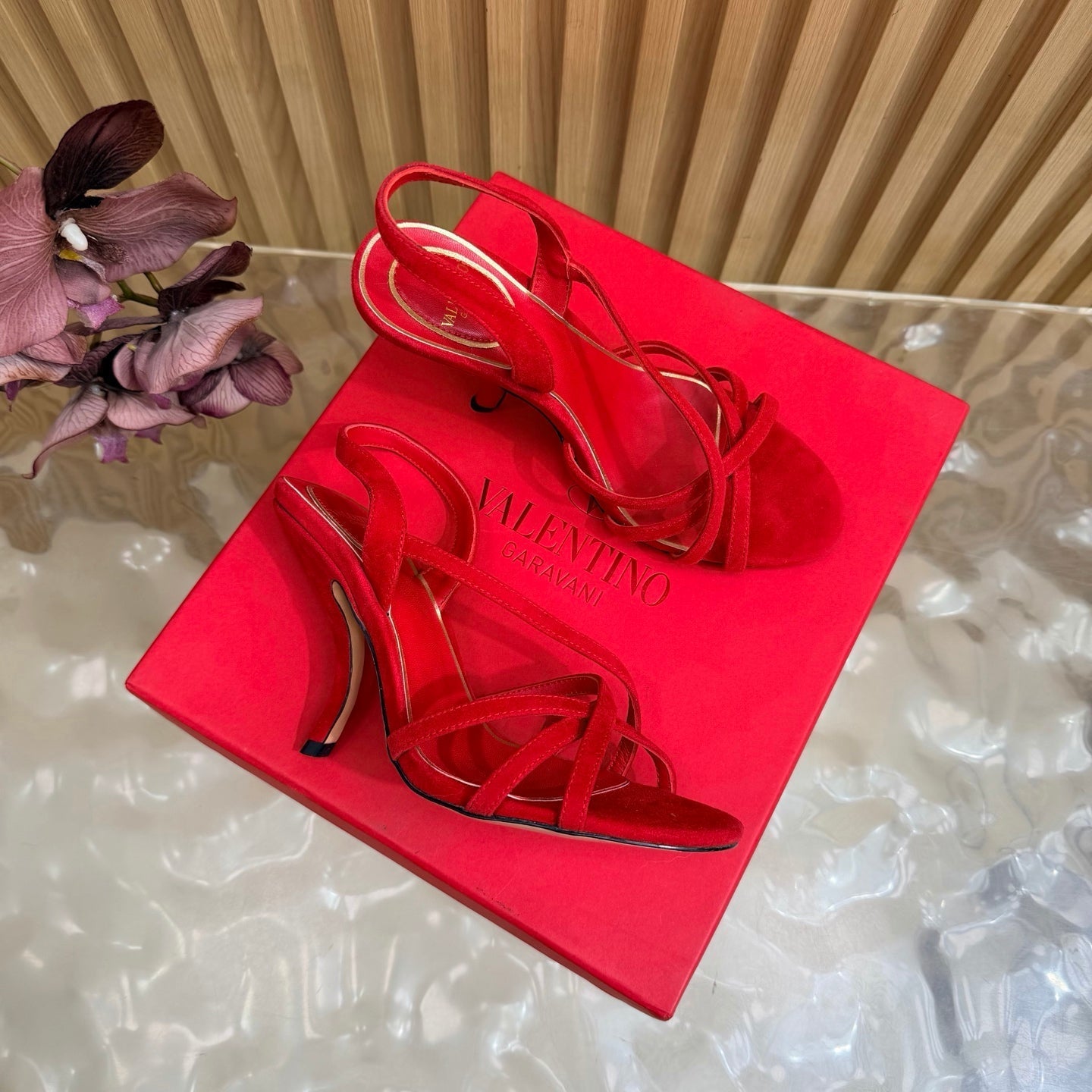 VALENTINO 26S STRAPPER HEEL SANDALS 100 MM IN RED SUEDE