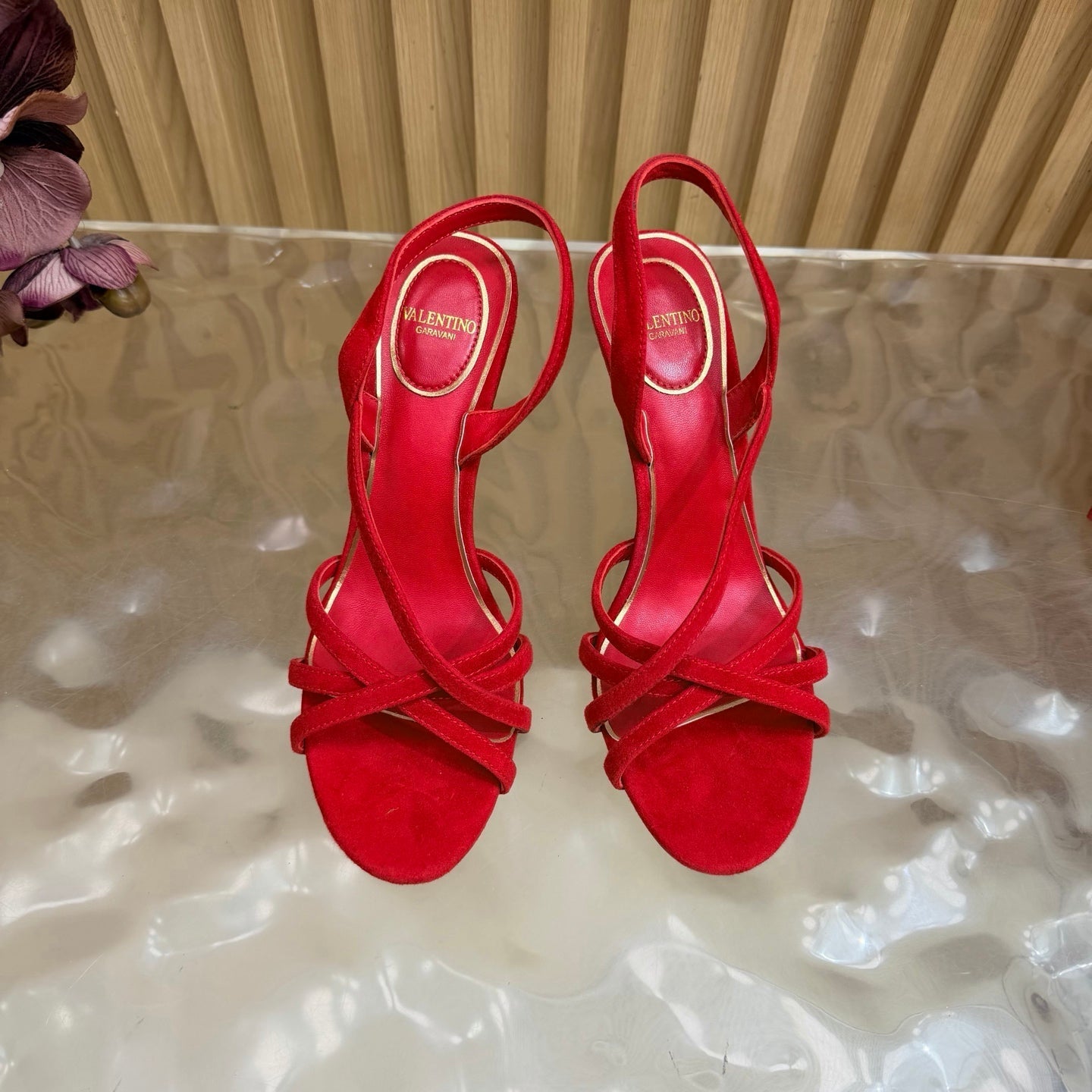 VALENTINO 26S STRAPPER HEEL SANDALS 100 MM IN RED SUEDE