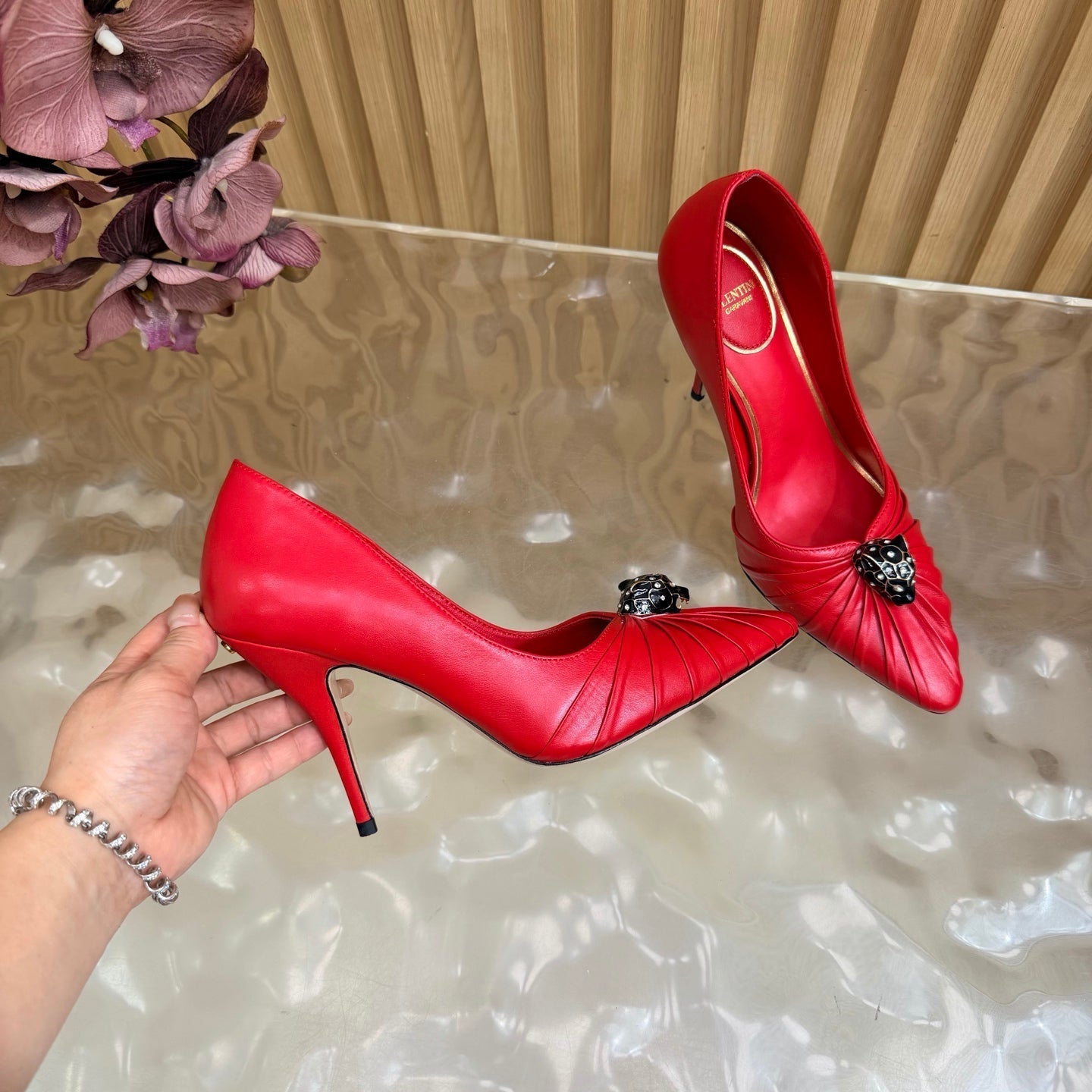 VALENTINO 26S HIGH-HEEL 100 MM IN RED GATHERED CALFSKIN