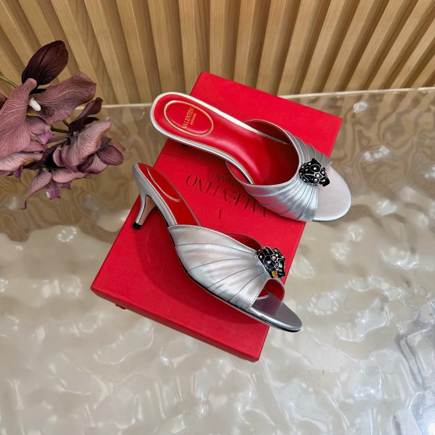 VALENTINO 26S HIGH-HEEL SANDALS 50 MM IN SILVER GATHERED CALFSKIN