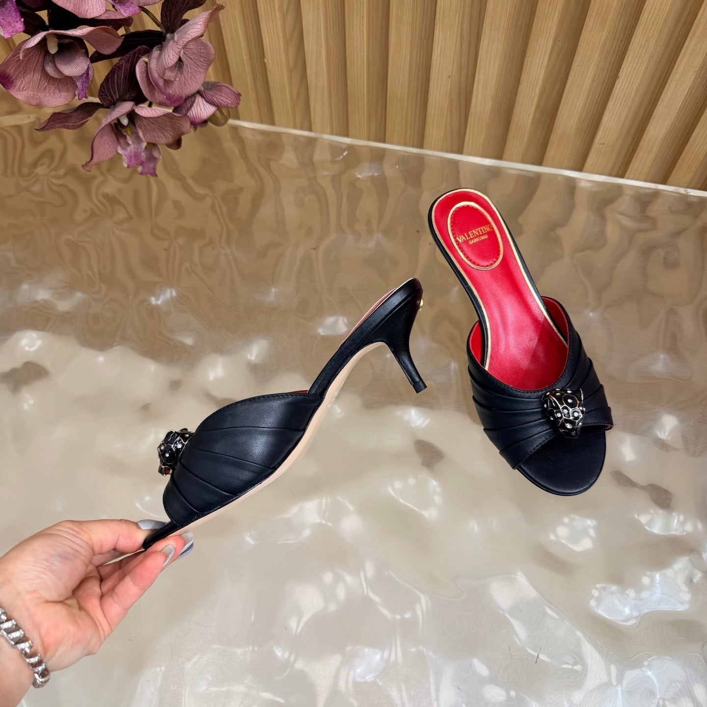 VALENTINO 26S HIGH-HEEL SANDALS 50 MM IN BLACK GATHERED CALFSKIN