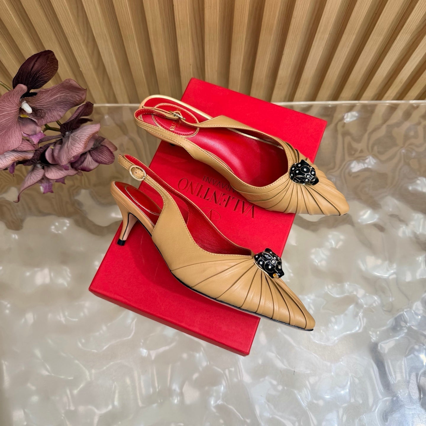 VALENTINO 26S SLINGBACK PUMPS 50 MM IN DARK BEIGE CALFSKIN