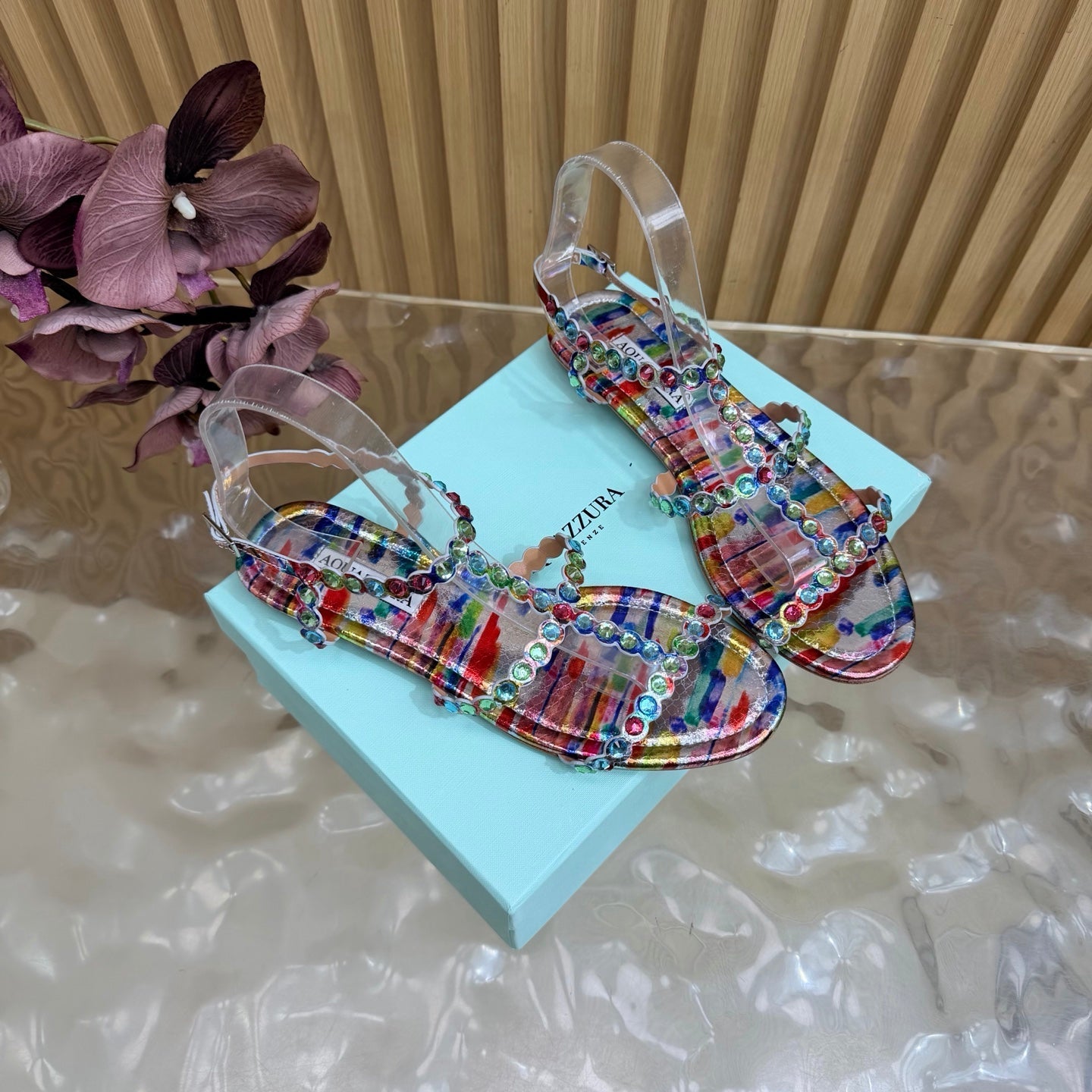 AQUAZZURA 26S FLAT SANDALS IN MULTICOLOR SNAKESKIN CRYSTAL EMBELLISHED