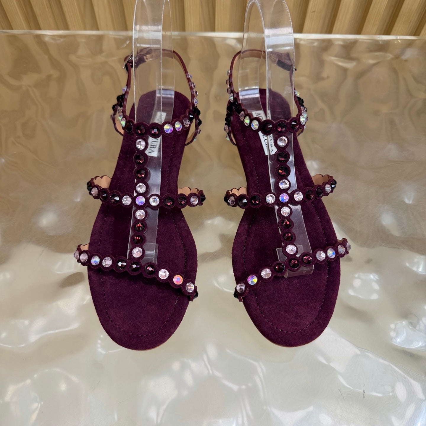AQUAZZURA 26S FLAT SANDALS IN BURGUNDY SUEDE CRYSTAL EMBELLISHED