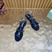 AQUAZZURA 26S FLAT SANDALS IN NAVY BLUE SUEDE CRYSTAL EMBELLISHED