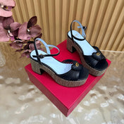 VALENTINO 26S PLATFORM SANDALS 90 MM IN BLACK CALFSKIN BEIGE WOVEN FABRIC