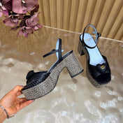VALENTINO 26S PLATFORM SANDALS 90 MM IN BLACK CALFSKIN BEIGE WOVEN FABRIC