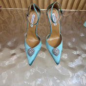 AQUAZZURA 26S POINTED-TOE HIGH HEELS 100 MM IN LIGHT BLUE SATIN