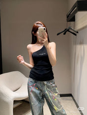 ONE SHOULDER TOP 633201 IN BLACK COTTON