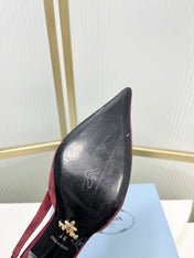 PRADA 26S SLINGBACK HIGH HEEL SANDALS 75MM IN DARK RED SUEDE WITH LOGO