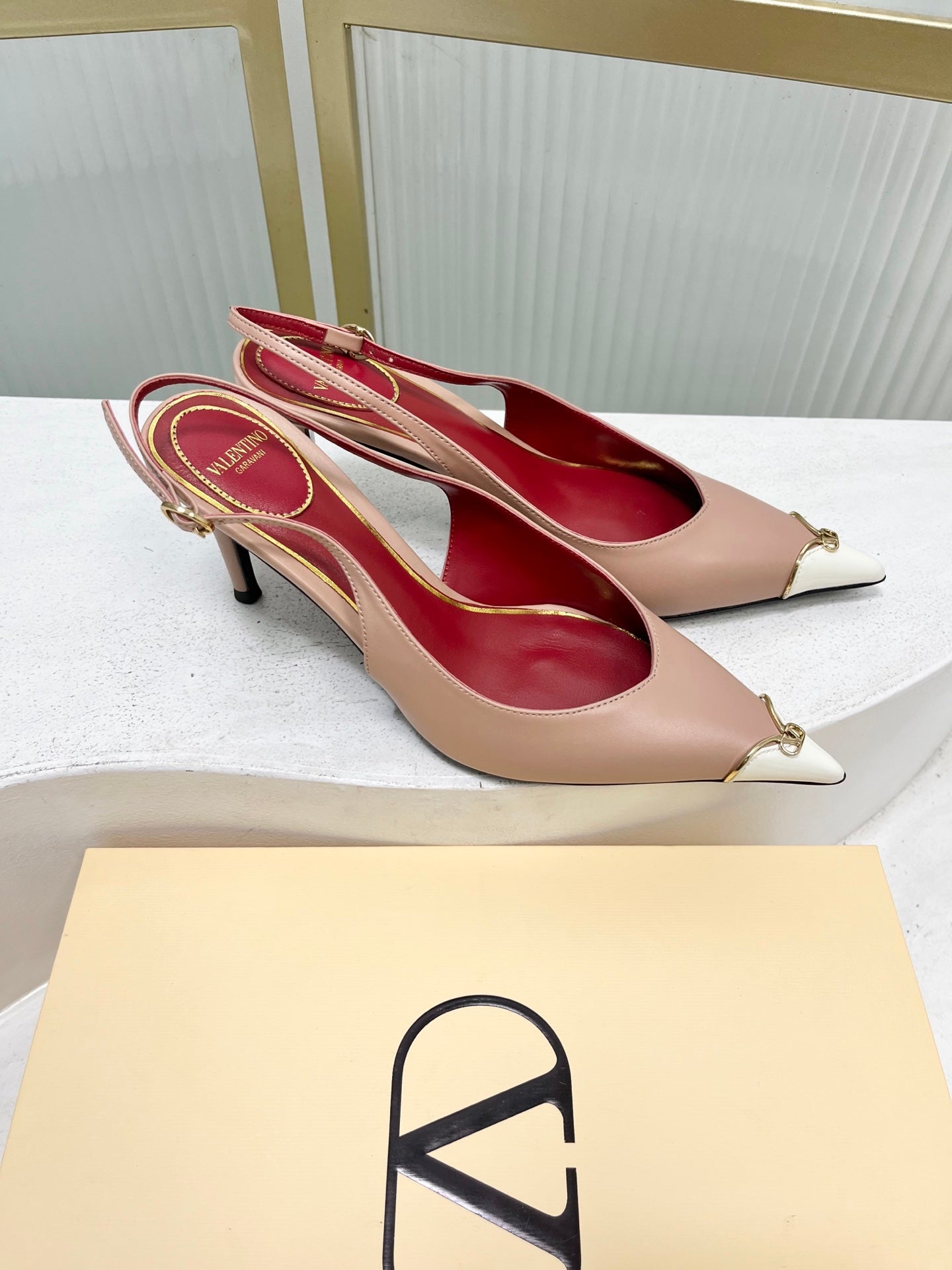 VALENTINO 26S SLINGBACK PUMPS 45 MM IN NUDE MIX WHITE CALFSKIN