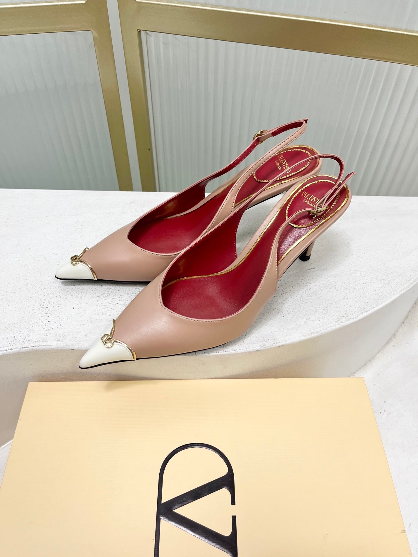 VALENTINO 26S SLINGBACK PUMPS 45 MM IN NUDE MIX WHITE CALFSKIN