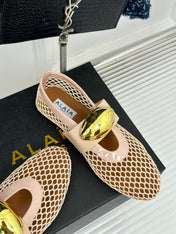 ALAIA MARY JANE SHOES IN BEIGE MESH WITH GOLD HARDWARE