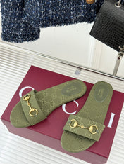 SLIDE SANDALS IN MOSS GREEN FABRIC EMBOSSED LOGO