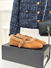 SHEARLING BALLET FLATS IN TAN BROWN SUEDE
