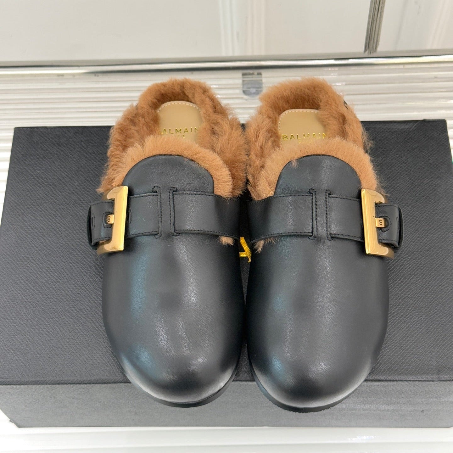 BALMAIN 26S ANTHEM MULES IN BLACK CALFSKIN
