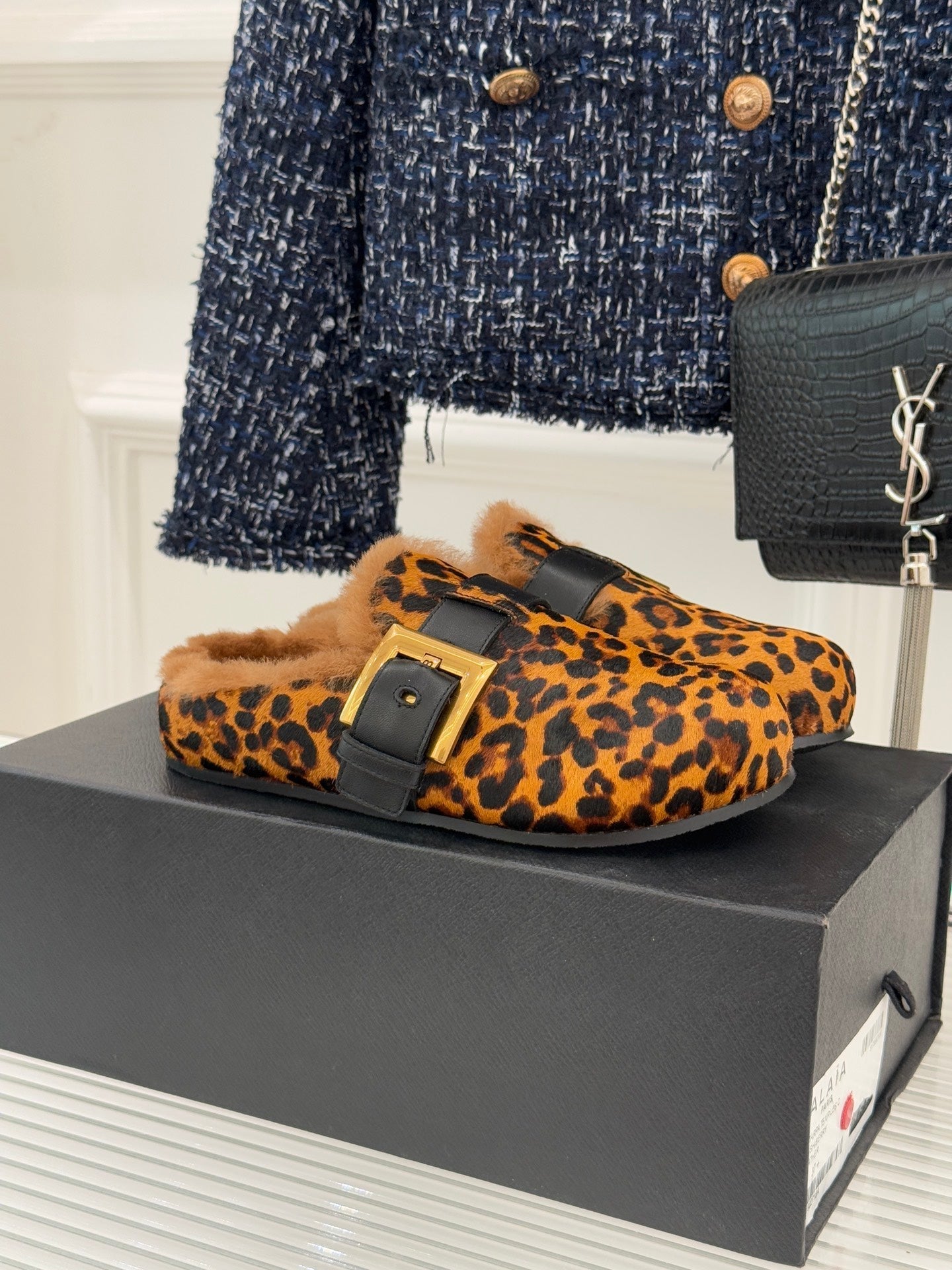 BALMAIN 26S ANTHEM MULES IN LEOPARD PRINT PONY HAIR