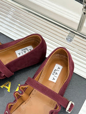 ALAIA 26S MARY JANE FLATS IN DARK RED SUEDE WITH BOW