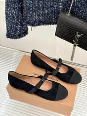 GIANVITO ROSSI 26S MARY JANE FLATS IN BLACK SUEDE AND FABRIC