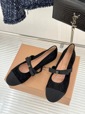 GIANVITO ROSSI 26S MARY JANE FLATS IN BLACK SUEDE AND FABRIC