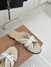 GIANVITO ROSSI 26S STUDDED FLAT SANDALS IN BEIGE CANVAS AND WHITE CALFSKIN