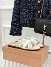 GIANVITO ROSSI 26S STUDDED FLAT SANDALS IN BEIGE CANVAS AND WHITE CALFSKIN