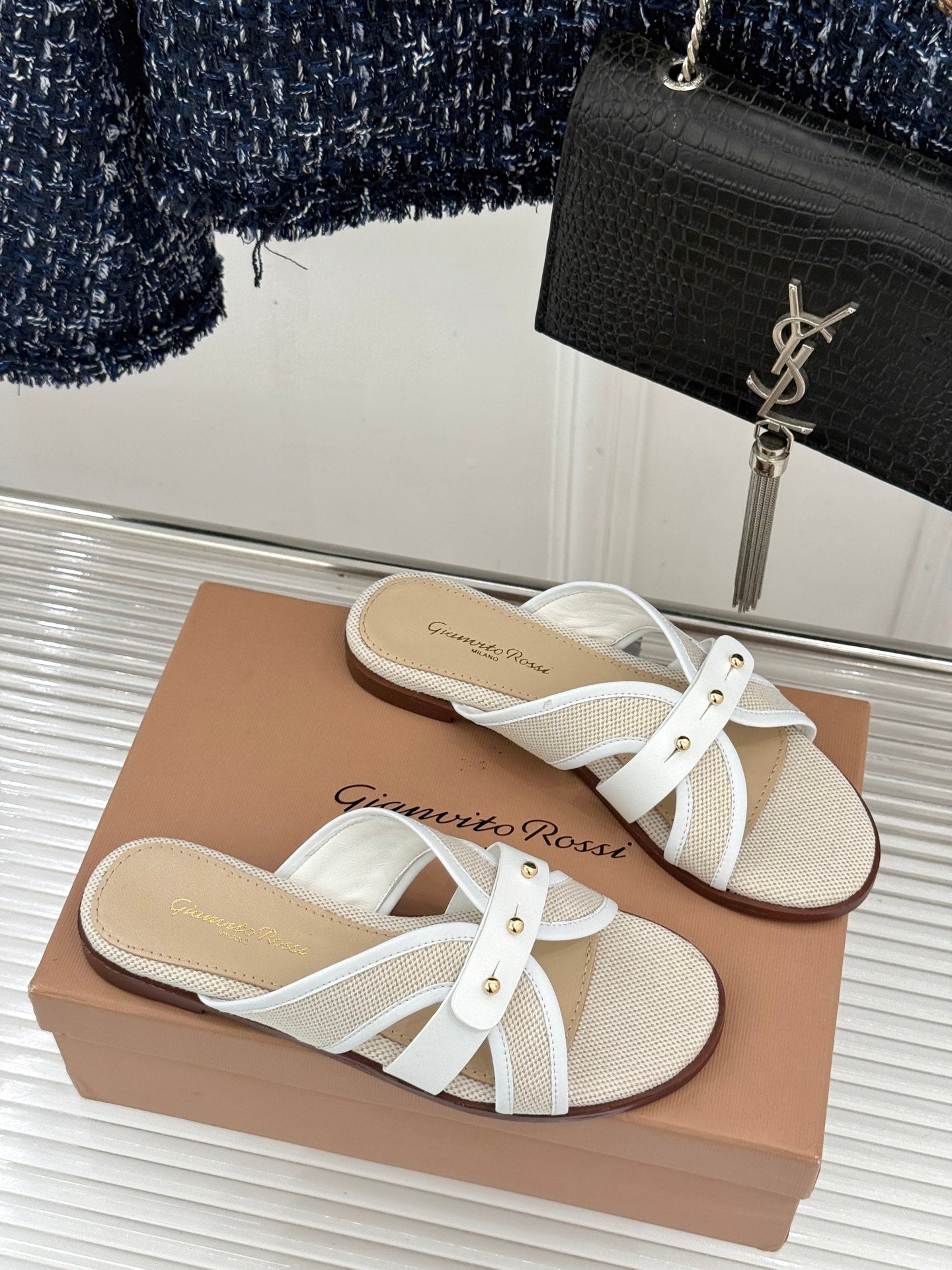 GIANVITO ROSSI 26S STUDDED FLAT SANDALS IN BEIGE CANVAS AND WHITE CALFSKIN