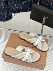 GIANVITO ROSSI 26S STUDDED FLAT SANDALS IN BEIGE CANVAS AND WHITE CALFSKIN