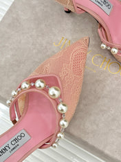 JIMMY CHOO 26S HIGH HEELS 85 MM IN LIGHT PINK LACE PEARL-EMBELLISHED