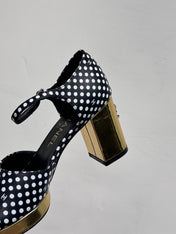 BLOCK HEEL SANDALS BLACK POLKA DOT SHEEPSKIN