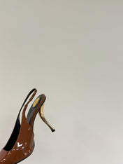 ORANGE GEM-STUDDED SLINGBACK PUMPS IN BRONZE BROWN PATENT CALFSKIN