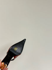 RED GEM-STUDDED SLINGBACK PUMPS IN ORANGE PATENT CALFSKIN