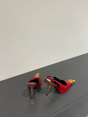 ORANGE GEM-STUDDED SLINGBACK PUMPS IN RED PATENT CALFSKIN