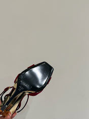 YSL STRAPPY WEDGE SANDALS 25S IN DARK RED SATIN