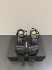 YSL KITTEN HEEL SANDALS 25S IN BLACK GLOSSY LAMBSKIN