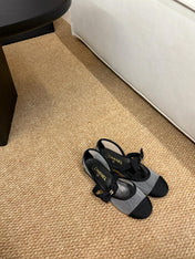 CHANEL 26S MARY JANE FLATS IN BLACK AND GREY MESH RIBBON STRAP CAP TOE