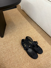 CHANEL 26S MARY JANE FLATS IN BLACK MESH RIBBON STRAP CAP TOE