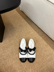 CHANEL 26S MARY JANE SLINGBACK FLATS IN WHITE AND BLACK CALFSKIN CAP TOE RIBBON STRAP